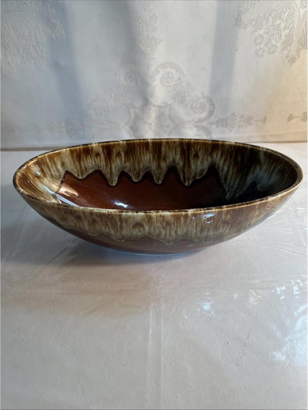 Vintage Brown Drip Glaze Pottery Oval Bowl